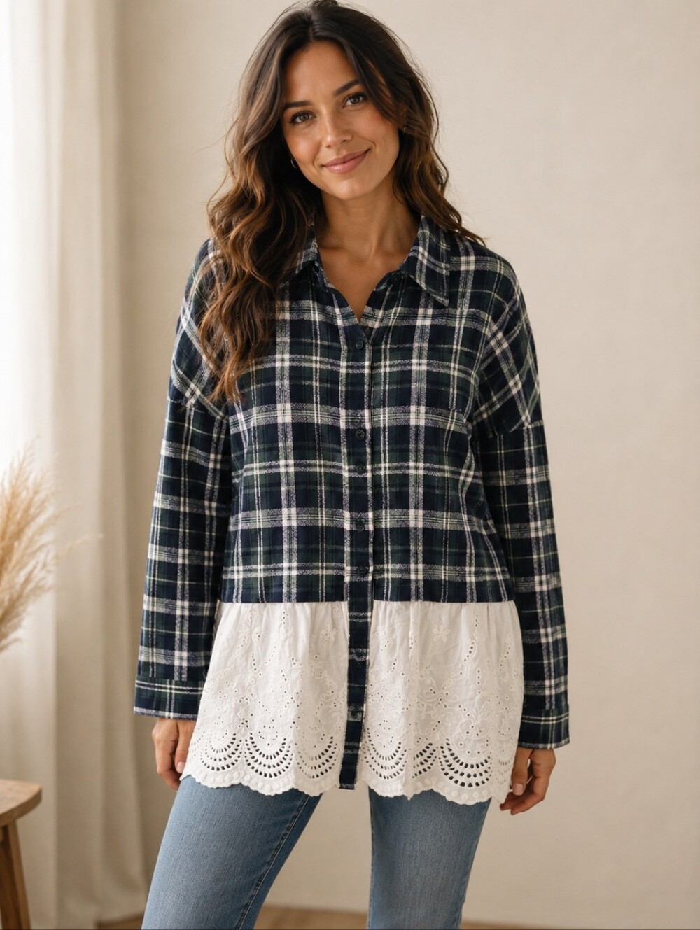 ❤️ ALTAR'D STATE PLAID BUTTON DOWN EYELET HEM SHIRT / TUNIC TOP, LARGE